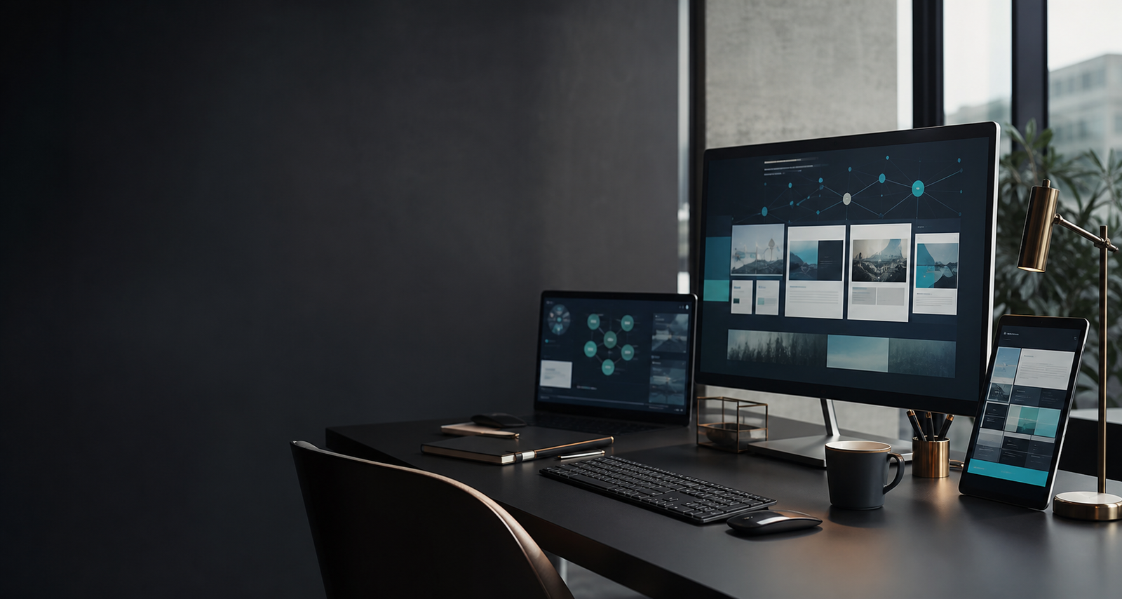 Espacio corporativo digital con pantallas de proyectos y red de operaciones